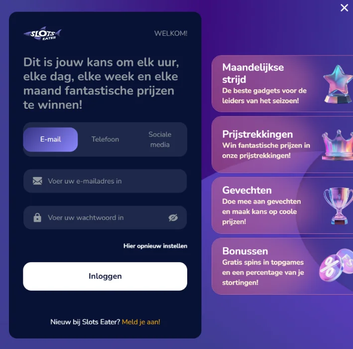 Slots Eater Casino inlogscherm met prijstrekkingen, bonussen en maandelijkse acties