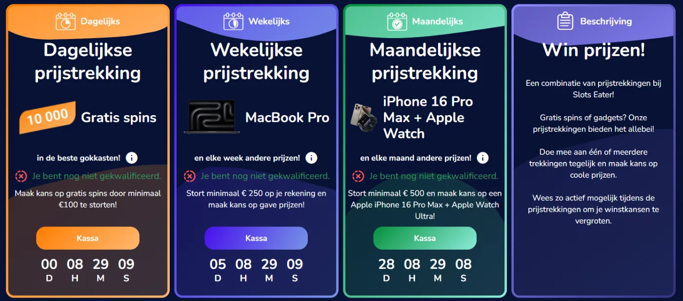 Slots Eater Casino prijstrekkingen met gratis spins, gadgets en wekelijkse promoties